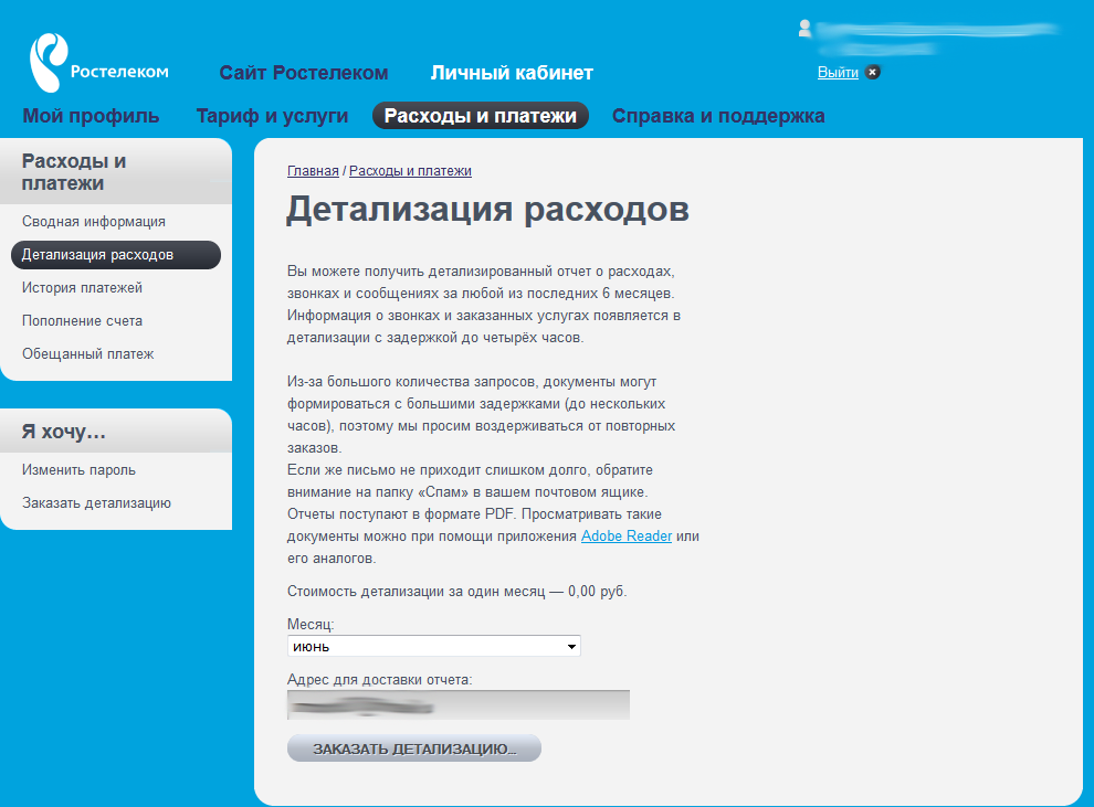 Заказ детализации счета - выбор периода и ввод адреса доставки