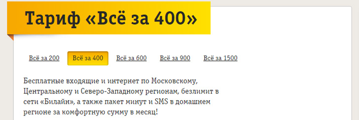 Билайн тариф «Все за 400»